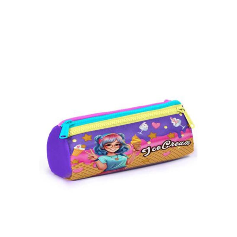 Coral High Kids Lilac Turquoise Ice Cream and Anime Patterned Three-Compartment Pencil Bag thumbnail 3