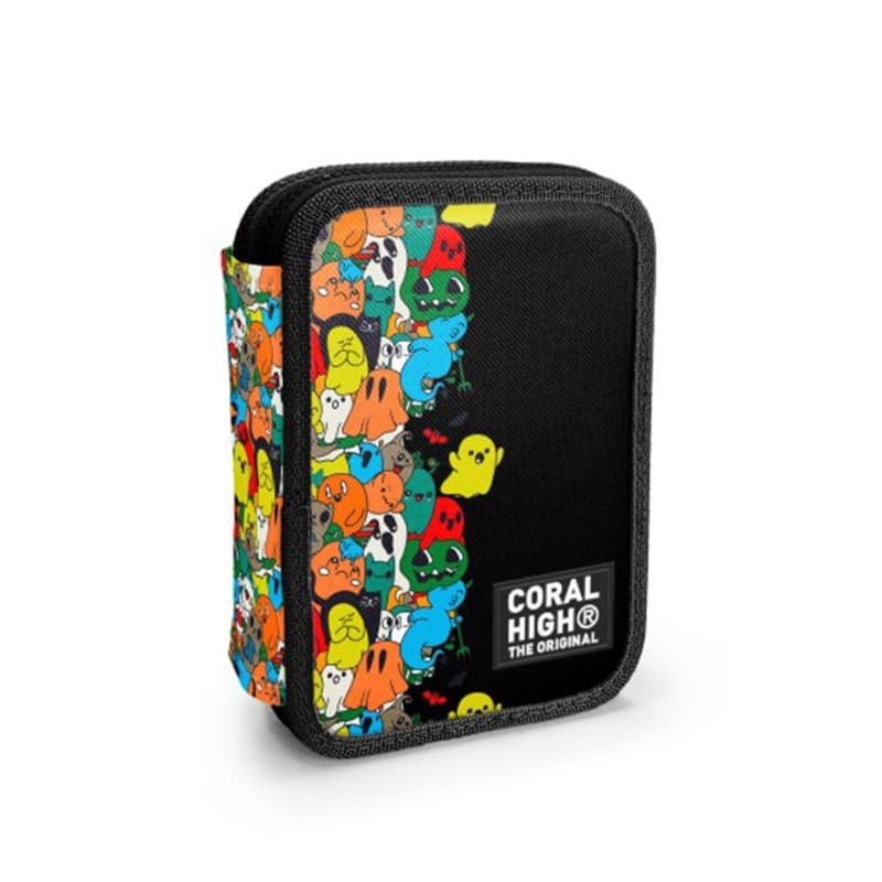 Coral High Kids Black Cartoon Patterned Double Layer Pencil Bag