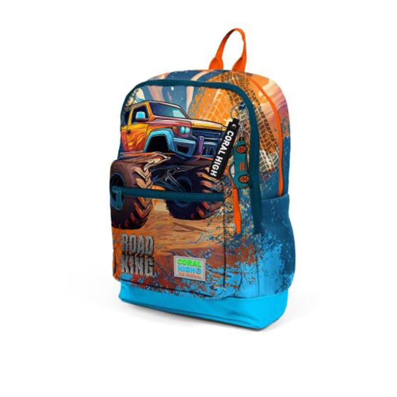 Coral High Kids - Blue Orange High Wheels Truck Patterned Four Compartment School Backpack thumbnail 5