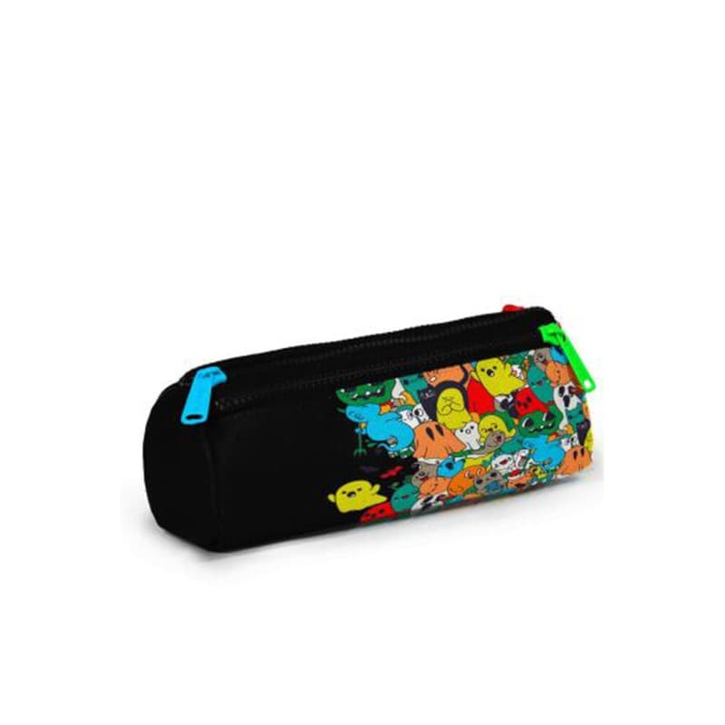 Coral High Kids Black Cartoon Patterned Three-Compartment Pencil Bag thumbnail 3