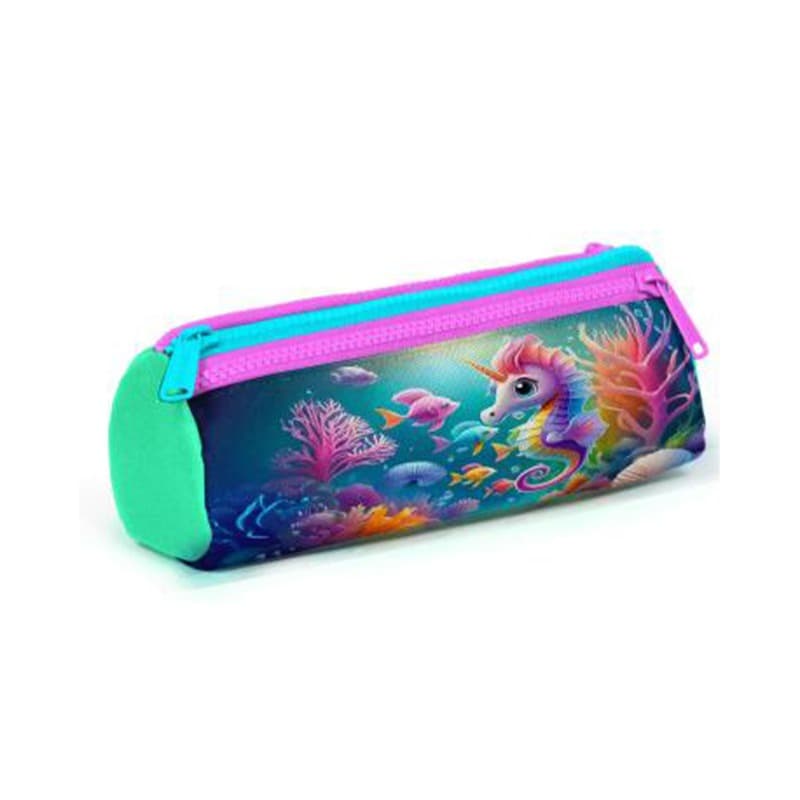 Coral High Kids - Blue Sea Green Seahorse Patterned Three-Compartment Pencil Bag thumbnail 3