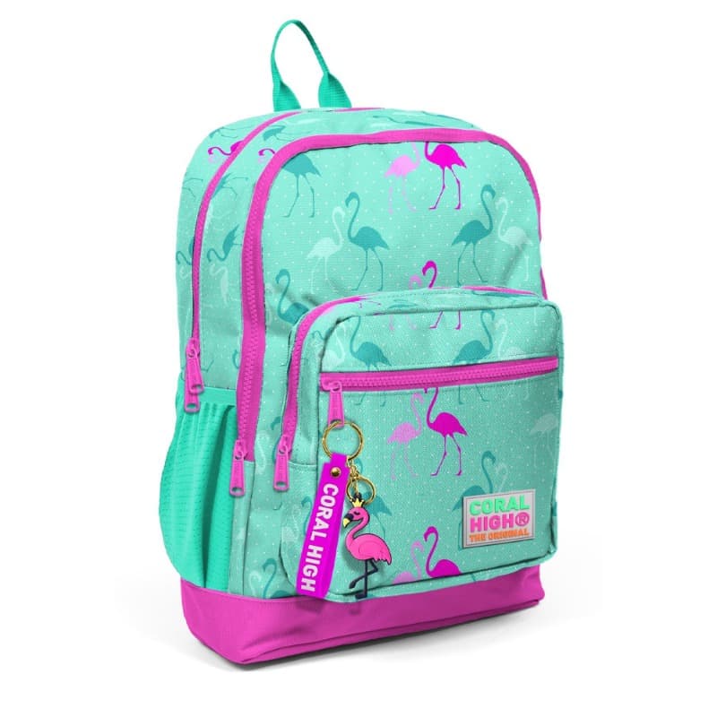 Coral High Kids School Backpack Aqua Green Neon Pink Flamingo Patterned