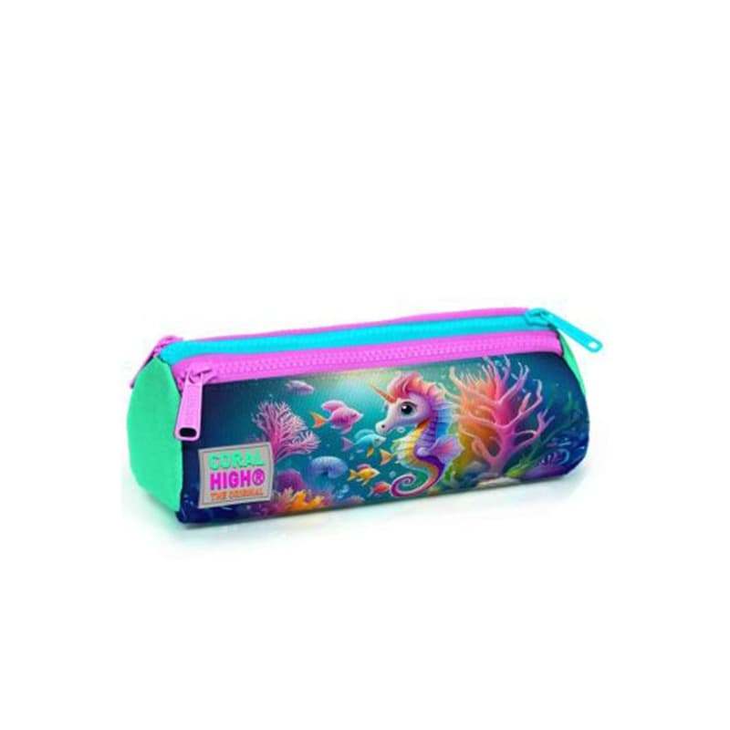 Coral High Kids - Blue Sea Green Seahorse Patterned Three-Compartment Pencil Bag