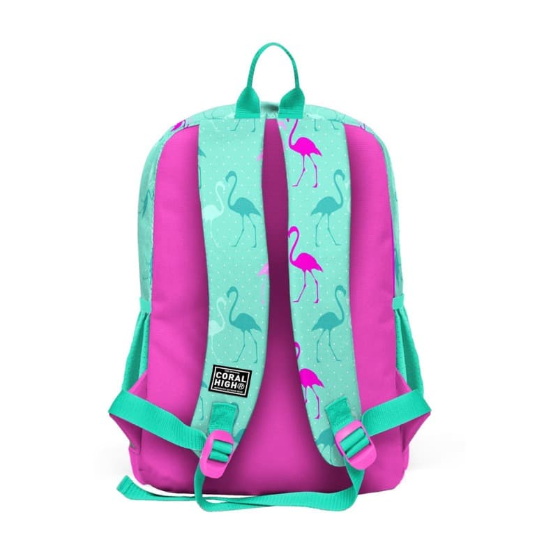 Coral High Kids School Backpack Aqua Green Neon Pink Flamingo Patterned thumbnail 3