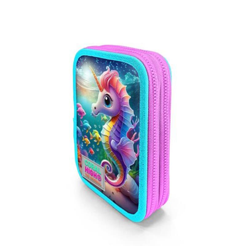 Coral High Kids - Blue Sea Green Seahorse Patterned Double Layer Pencil Bag thumbnail 2