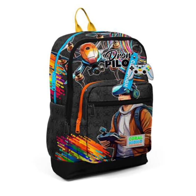 Coral High Kids Black Drone Pilot Patterned Four Compartment School Backpack